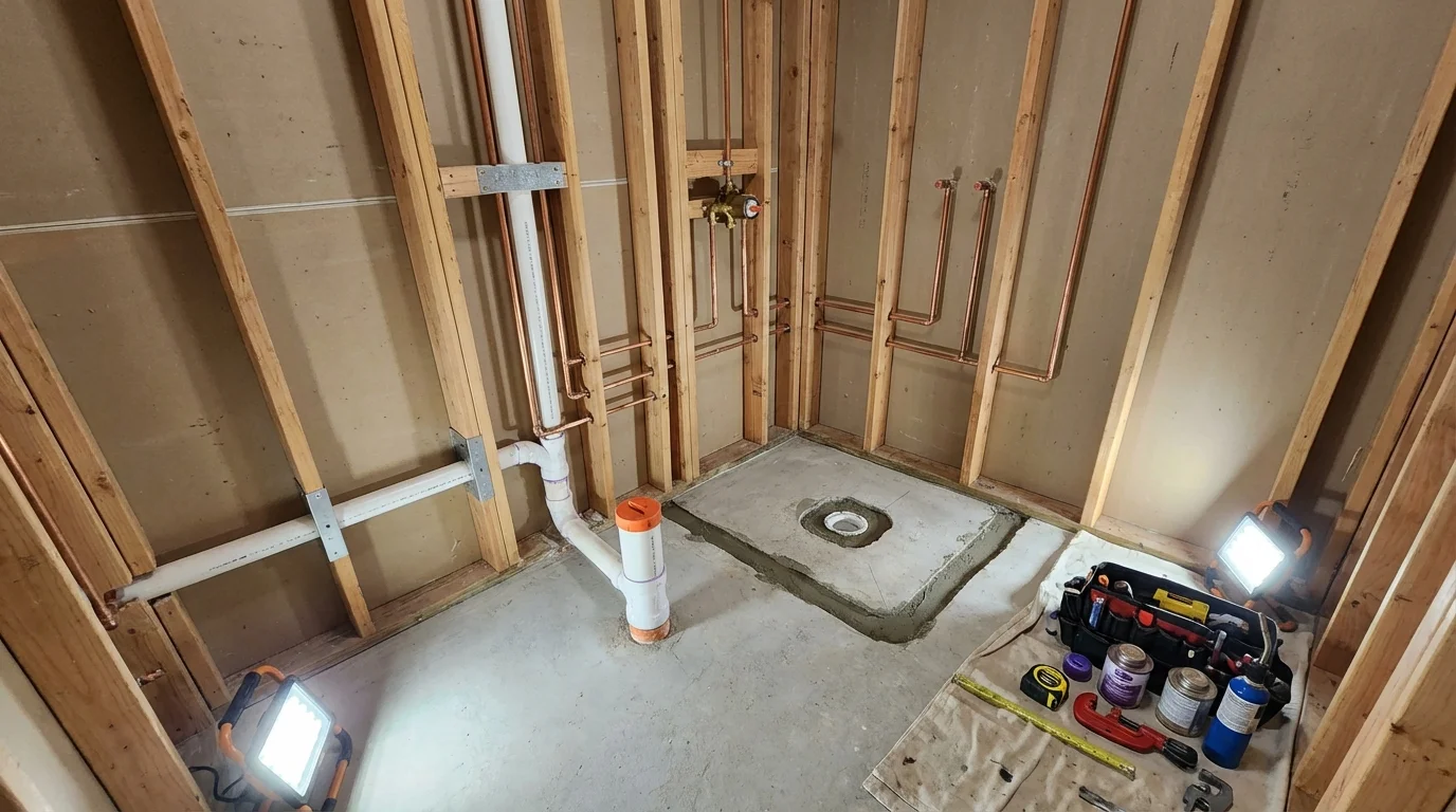 Bathroom rough-in plumbing during remodel by Johns Plumbing LLC in Pekin