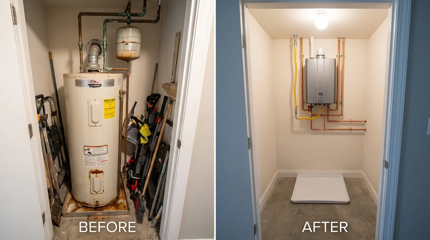 Tank water heater versus wall-mounted tankless unit comparison for Pekin, IL homeowners