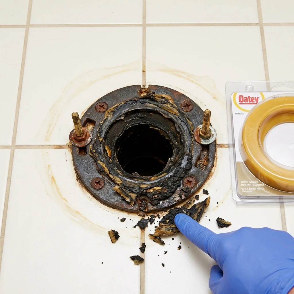 Failed wax ring showing water seepage at the base of a toilet in a Pekin, IL home