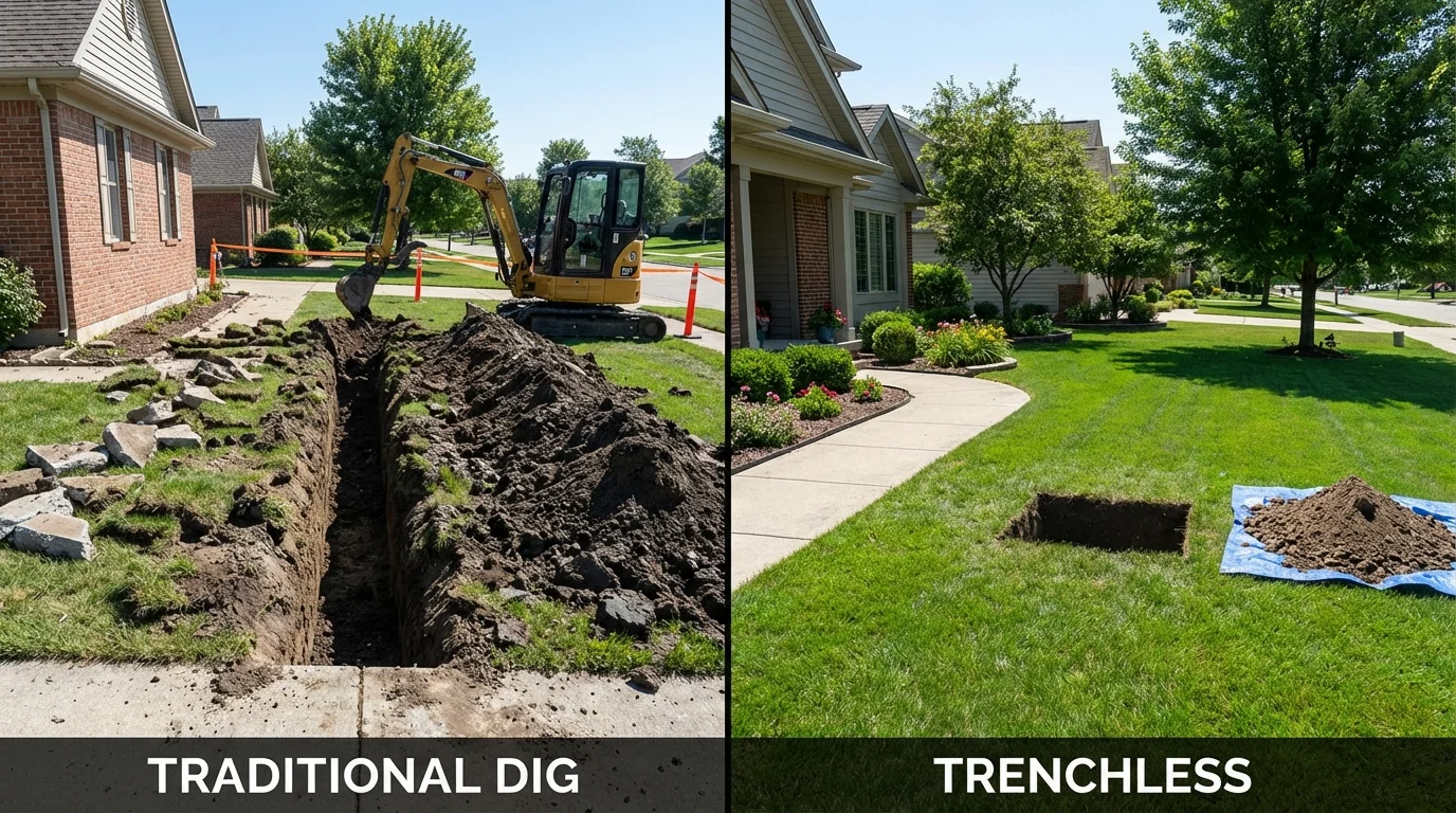 Trenchless sewer repair with minimal yard damage versus traditional excavation in Pekin, IL