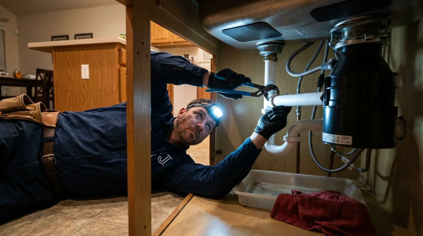 P-trap and supply line connections under a kitchen sink showing a common leak point in Pekin, IL
